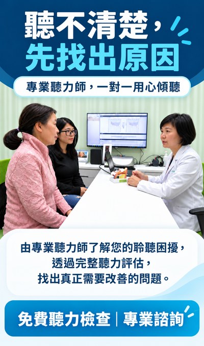 聽不清楚，先找出原因。專業聽力師一對一用心傾聽，透過完整聽力評估找出真正需要改善的問題。免費聽力檢查、專業諮詢