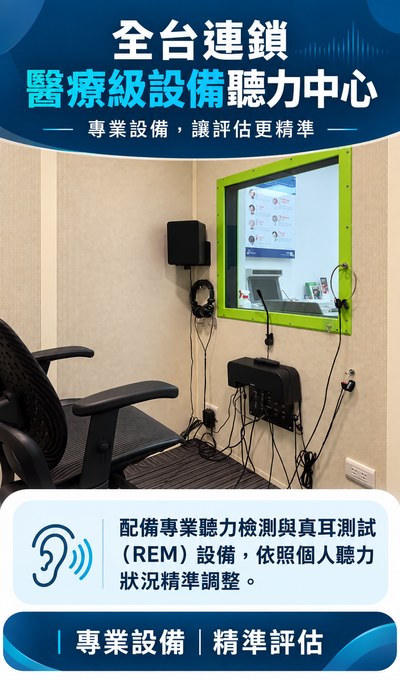 全台連鎖醫療級設備聽力中心。配備專業聽力檢測與真耳測試（REM）設備，依照個人聽力狀況精準調整。專業設備、精準評估