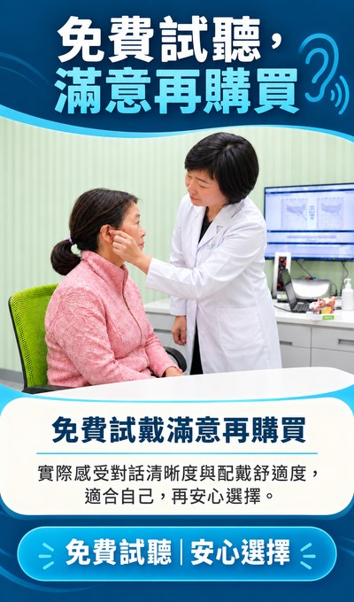 免費試聽，滿意再購買。實際感受對話清晰度與配戴舒適度，適合自己再安心選擇。免費試聽、安心選擇